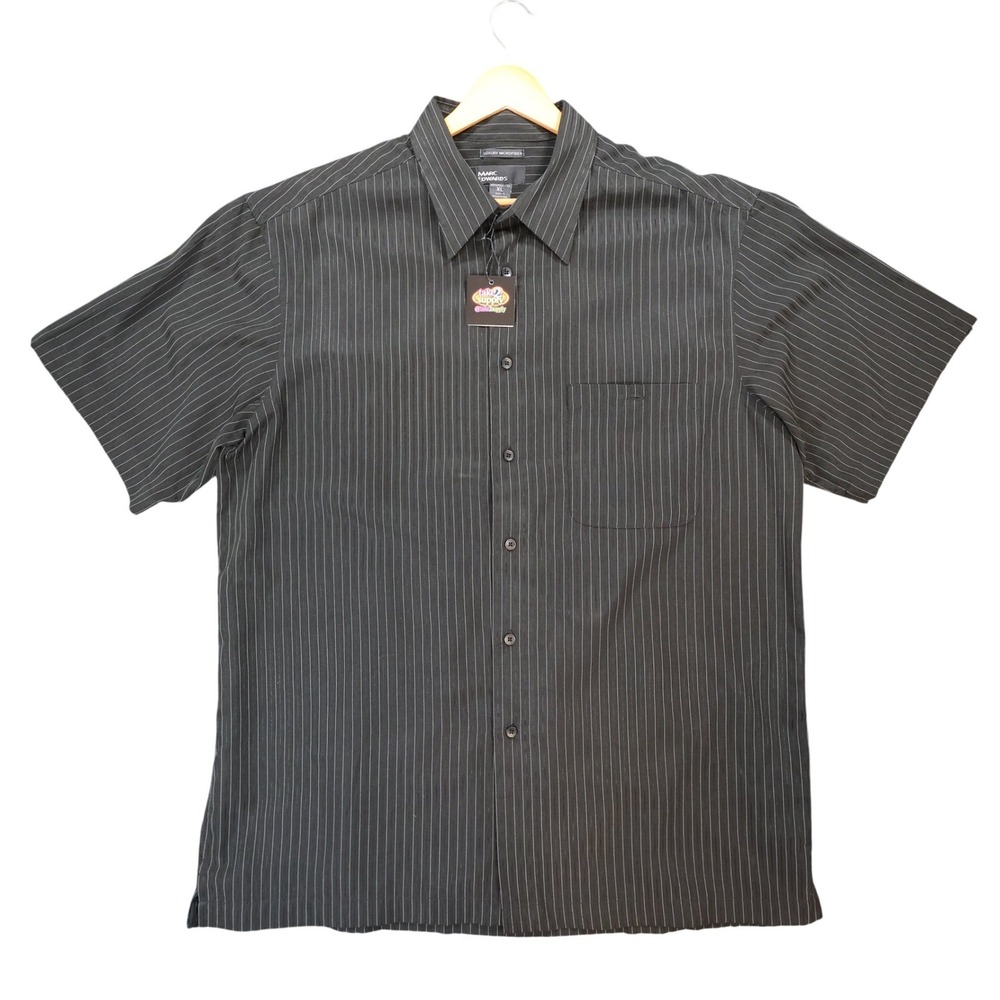 Marc Edwards Button Front Shirt Mens XL Black Excellent Pinstripe Microfiber